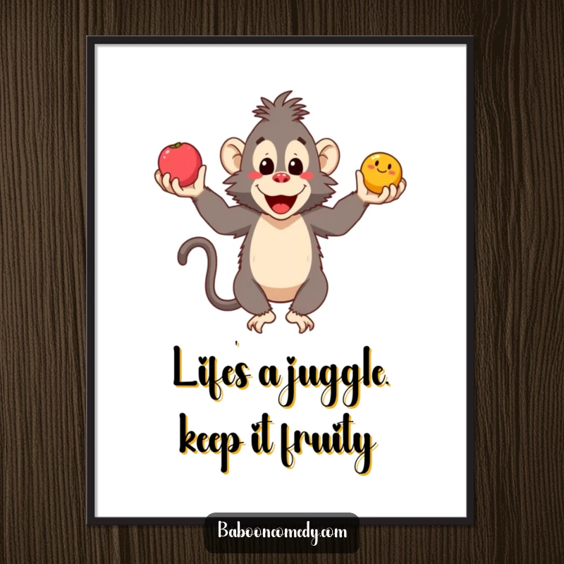 Funny Free Printable Wall Art of a smiling baboon expertly juggling three round fruits, adding playful energy to any space.