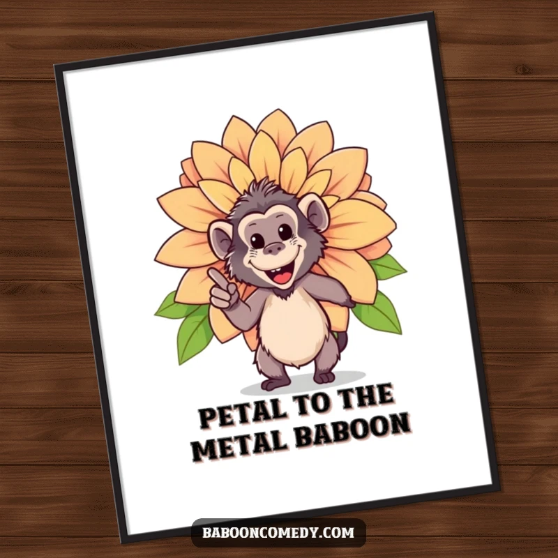 Funny Free Printable Wall Art: A happy baboon points with pride at a huge, vividly blooming flower.