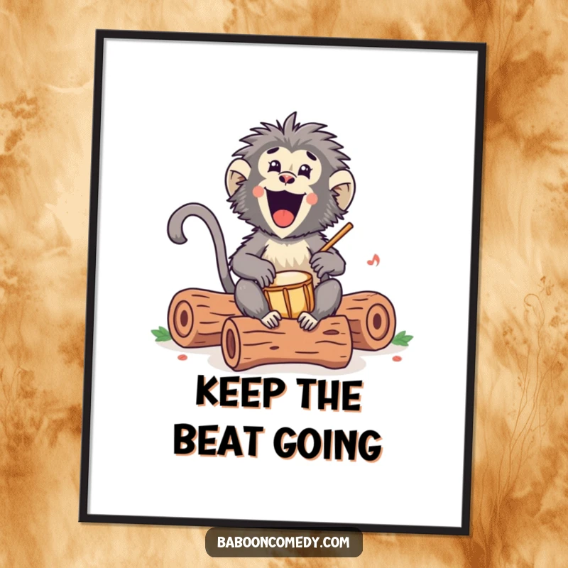 Funny Free Printable Wall Art: Cute Kawaii baboon enthusiastically drumming on hollow logs with a happy, infectious rhythm.