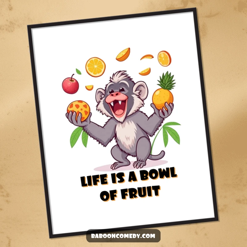 Funny Free Printable Wall Art: Cheerful Kawaii baboon gleefully tossing and catching colorful tropical fruits in a playful manner.