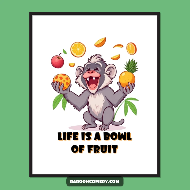 Free Printable Wall Art: Kawaii Baboon Fruit Toss - Funny Tropical Decor Downloadable!