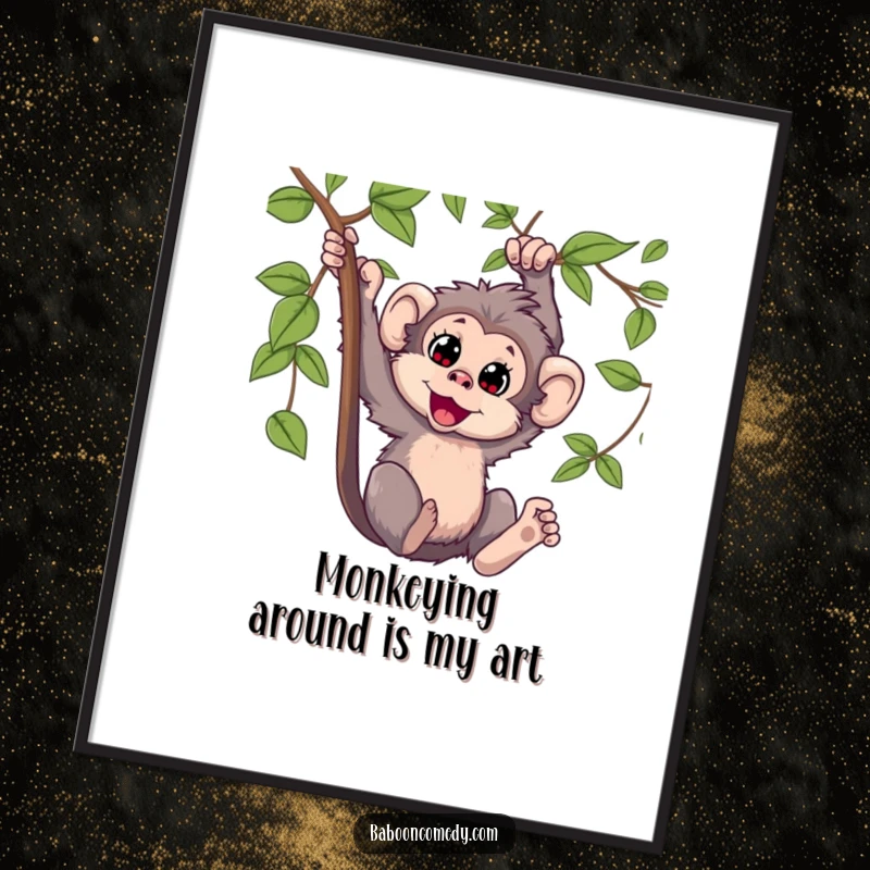 Funny Free Printable Wall Art: Adorable Kawaii baboon swinging from a vine, full of energetic delight and wide-eyed wonder.
