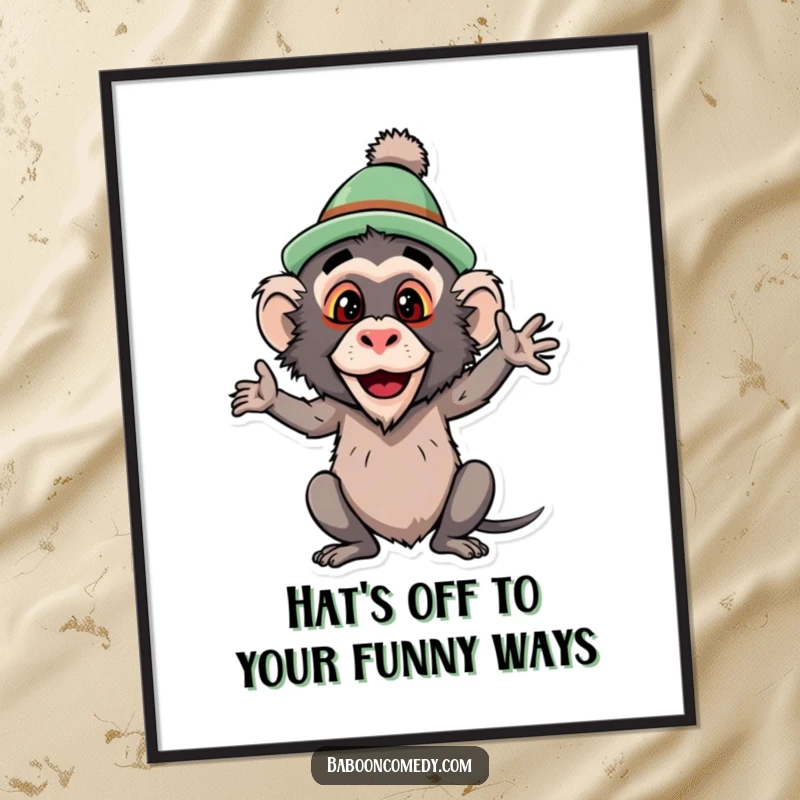 Funny Free Printable Wall Art: Baboon sporting a ridiculous hat and striking a comical, attention-grabbing pose.