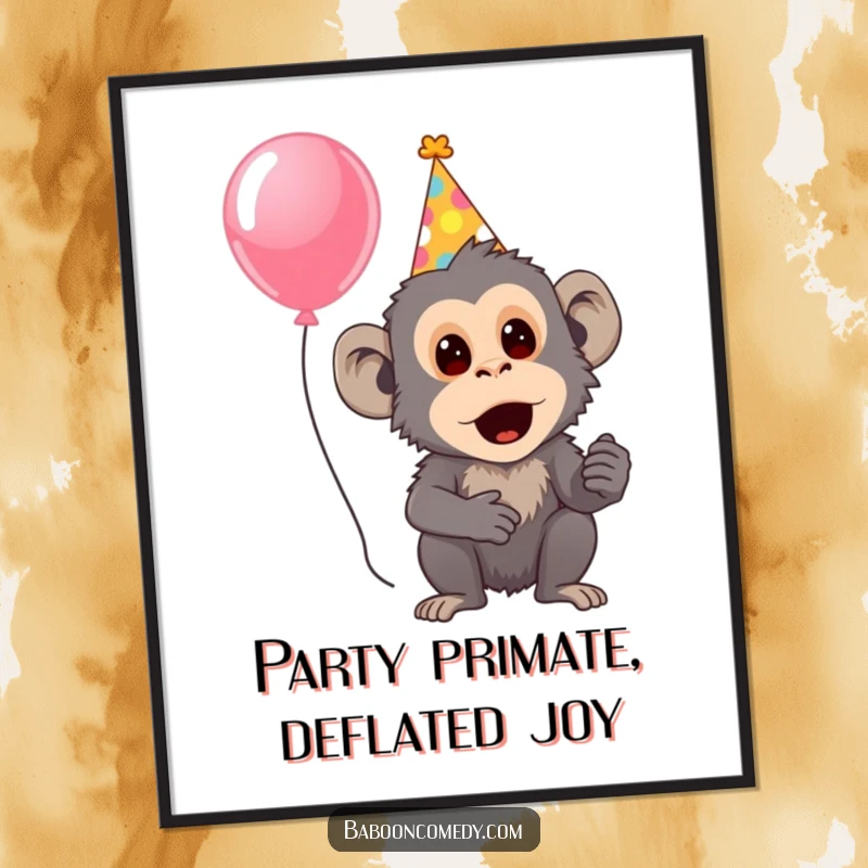 Funny Free Printable Wall Art: A baboon in a party hat, eyes wide with surprise, clutches a colorful party balloon.