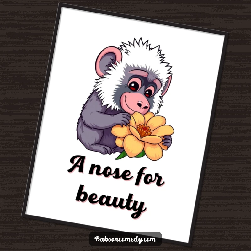 Funny Free Printable Wall Art: Kawaii baboon with a sweet smile curiously peering at a large, brightly colored flower, embracing nature's wonder.