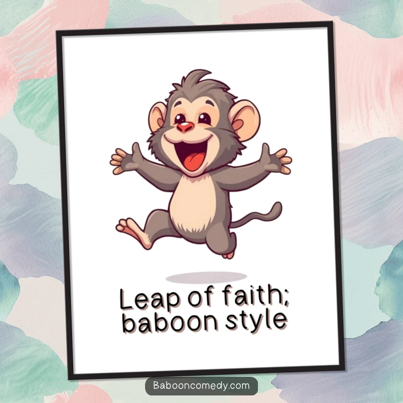 Funny Free Printable Wall Art: A kawaii baboon captured mid-air, leaping with pure exhilaration and an open, happy mouth.