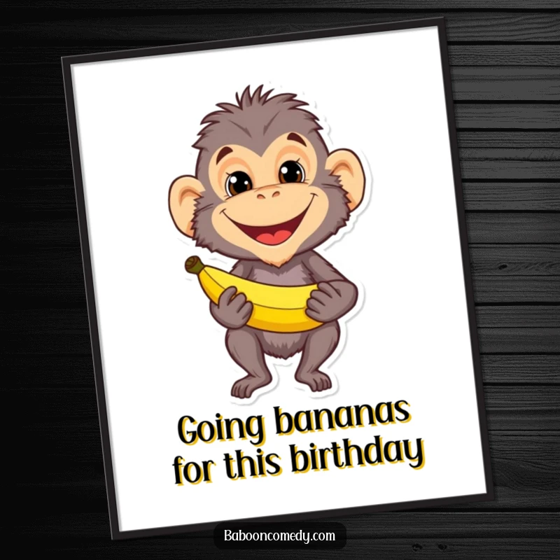 Funny Free Printable Baboon Wall Art: A baboon with a sly grin holds a banana, exuding playful jungle personality.