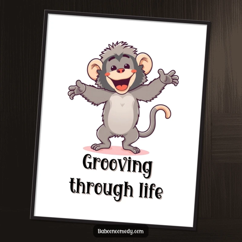 Funny Free Printable Wall Art: Kawaii baboon performing an uninhibited, silly dance with arms flailing wildly and a huge, comical grin.