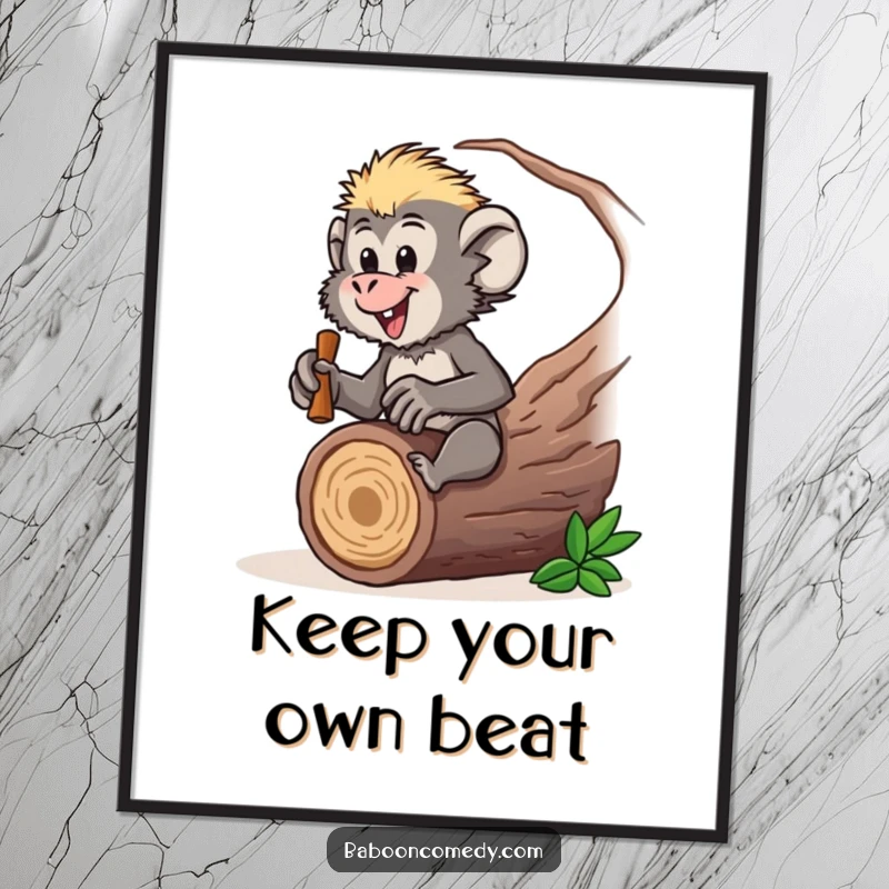Funny Free Printable Baboon Wall Art: Baboon energetically drumming on a hollow log. Lively and humorous downloadable art.