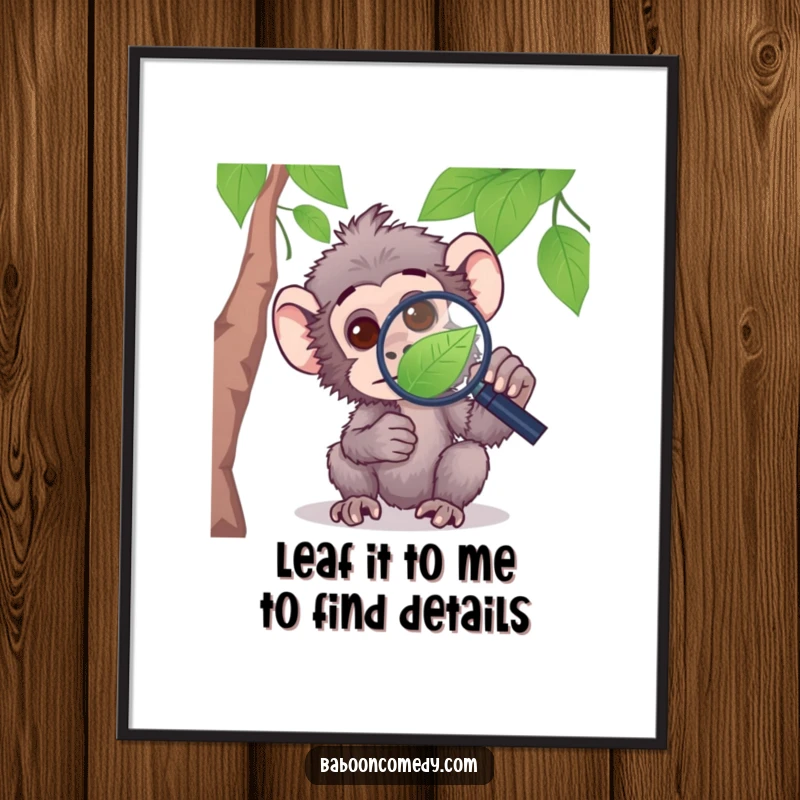 Funny Free Printable baboon wall art, a curious baboon intently examining a leaf with a magnifying glass.