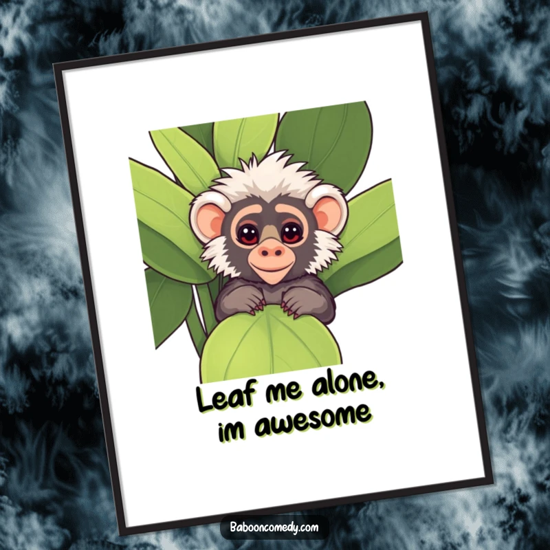 Funny Free Printable Wall Art: A kawaii baboon with mischievous eyes peeks out from behind a large, leafy green plant.