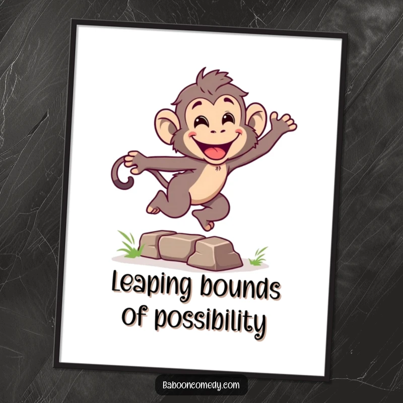 Funny Free Printable Wall Art: An energetic baboon leaping over a small obstacle with a wide, infectious grin.