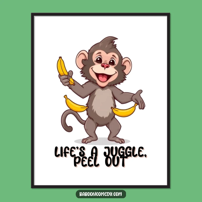Free Printable Wall Art: Funny Baboon Banana Juggling! Skillful Downloadable Art.