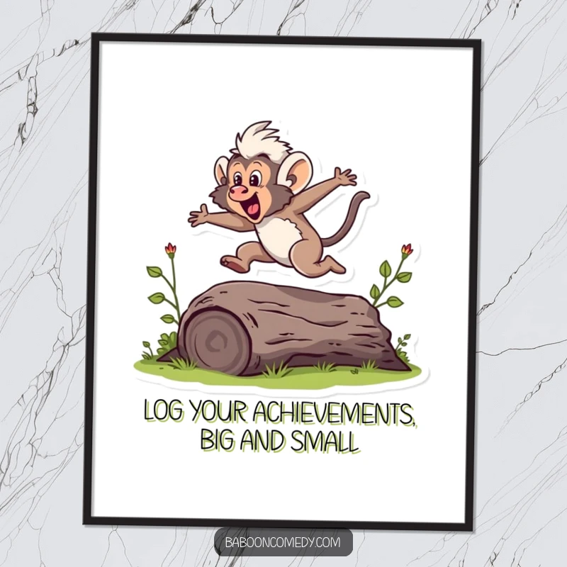 Funny Free Printable Wall Art: A lively baboon is captured mid-jump, energetically clearing a small log with impressive agility.