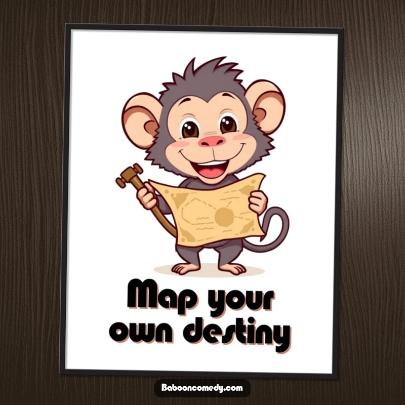Funny Free Printable Baboon Wall Art: Baboon with a treasure map grins mischievously. Hilarious downloadable adventure art.