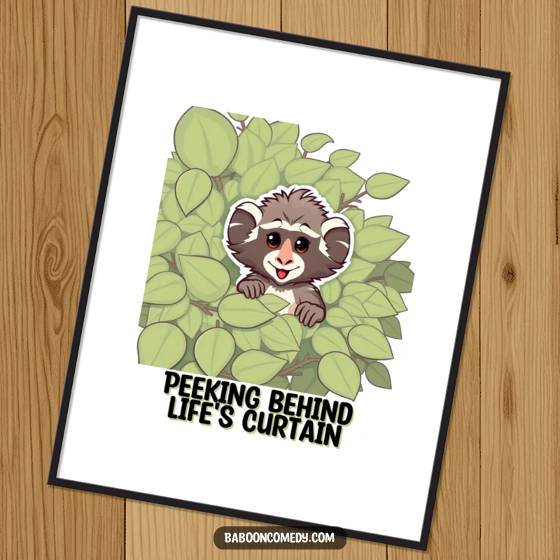 Funny Free Printable Wall Art: A cheeky baboon peeking playfully from behind a large, lush green leafy bush.