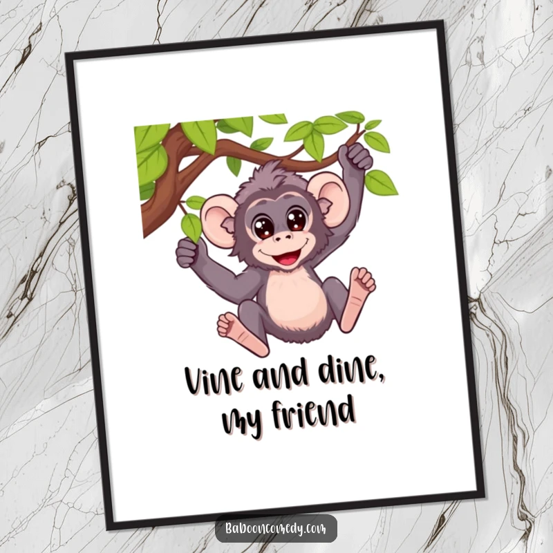 Funny Free Printable Baboon Swinging Wall Art: A baboon with wide eyes joyfully swings from a vine.
