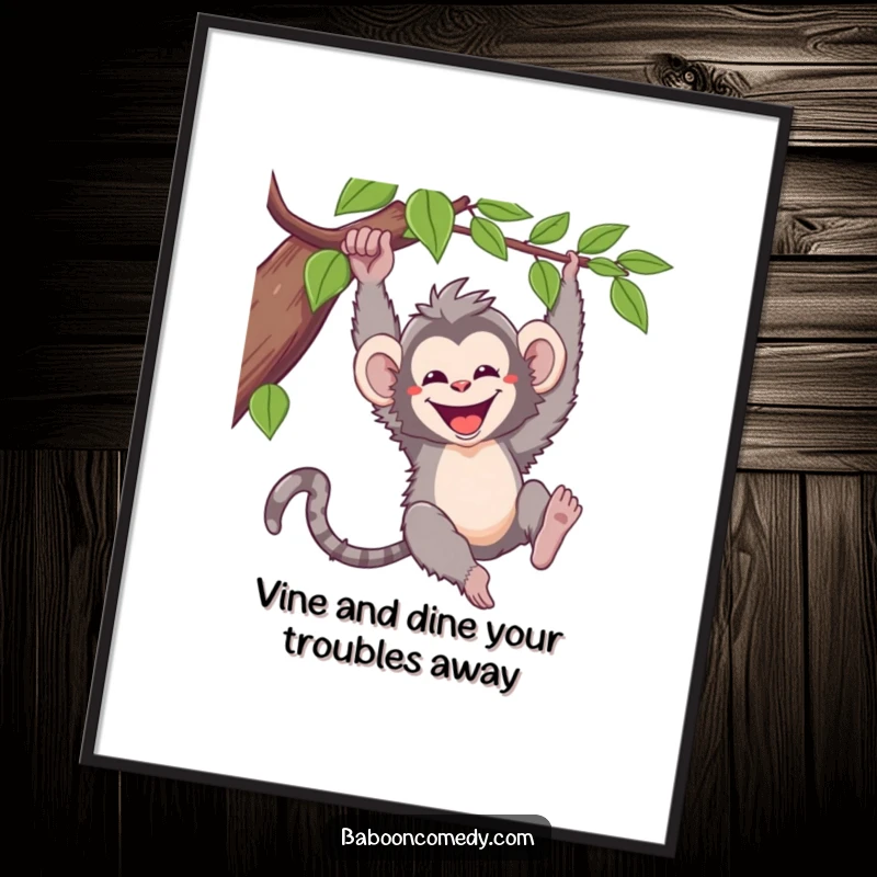 Funny Free Printable Wall Art: Kawaii baboon swinging energetically from a vine, radiating pure joy and mischief.
