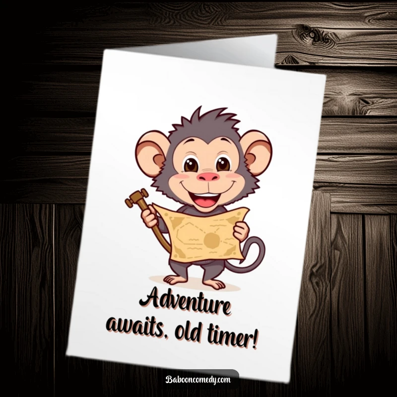 Funny Free Printable Baboon Birthday Card: Baboon Grinning with Treasure Map, ready for birthday adventure. Downloadable.