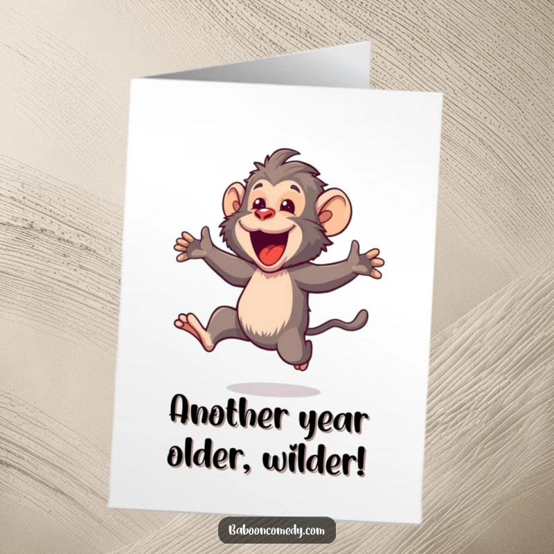 Funny Free Printable Birthday Card: Kawaii baboon jumping with mouth open wide in pure, unadulterated joy.