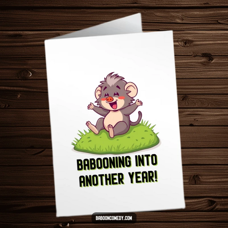 Funny Free Printable Birthday Card: Kawaii baboon joyfully sliding down a green hill, embodying carefree birthday fun.
