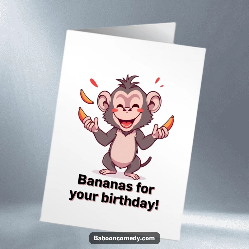 Funny Free Printable Birthday Card: Amused baboon expertly juggling bright red bananas with a wide grin.