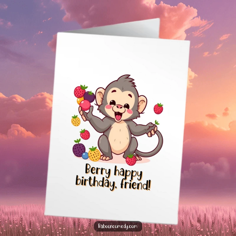 Funny Free Printable Birthday Card: A cute kawaii baboon joyfully juggles vibrant berries with its tail, spreading cheer.