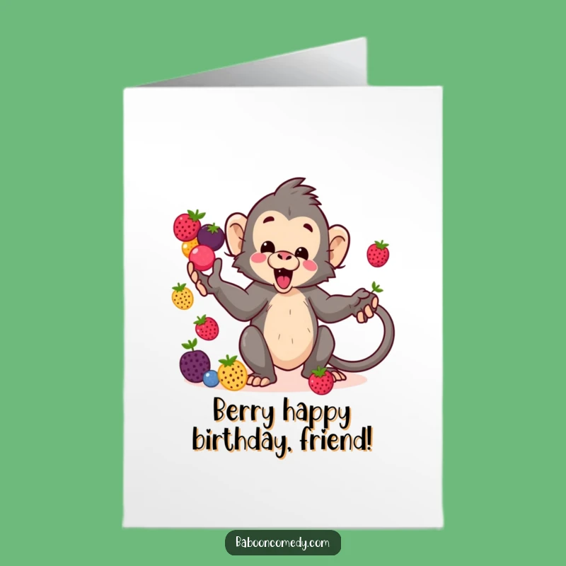 Free Printable Kawaii Baboon Juggling Berries Birthday Card - Funny DIY Downloadable Gift