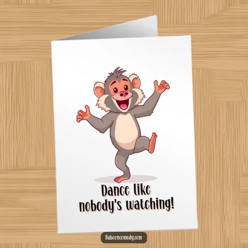 Funny Free Printable Birthday Card: An energetic kawaii baboon is doing a hilarious silly dance on its hind legs with pure joy.