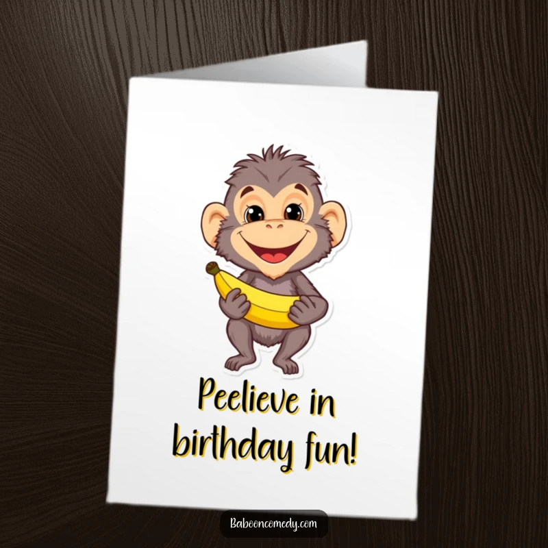 Funny Free Printable Baboon Birthday Card: A baboon with a mischievous grin clutches a banana, ready for birthday shenanigans.