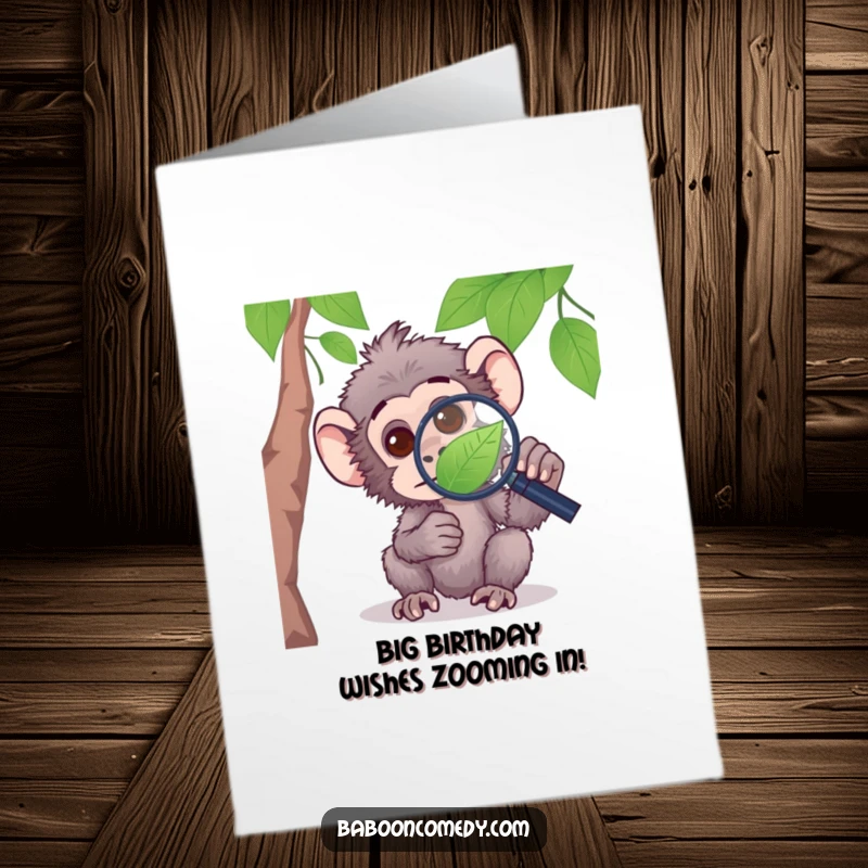 Funny Free Printable baboon birthday card, curiously peering through a magnifying glass at a leaf, detailed discovery.