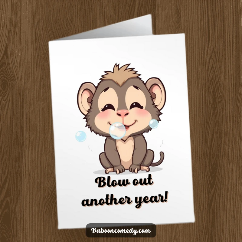 Funny Free Printable Baboon Birthday Card: Baboon with puffed cheeks playfully blowing iridescent bubbles. Downloadable.