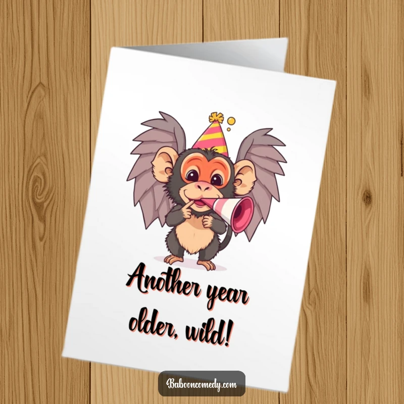 Funny Free Printable Baboon Birthday Card: Happy baboon in party hat blows noisemaker, spreading birthday cheer. Hilarious downloadable.