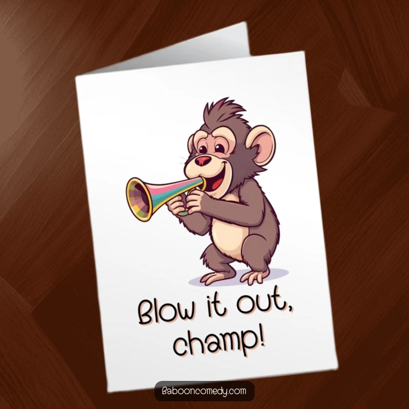 Funny Free Printable Birthday Card featuring a baboon joyfully playing a vibrant, oversized trumpet with a smile.