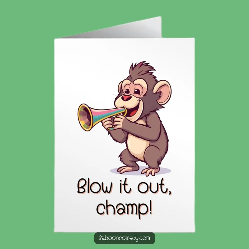 Free Printable Birthday Card: Cheerful Baboon Trumpet Fanfare Funny Downloadable