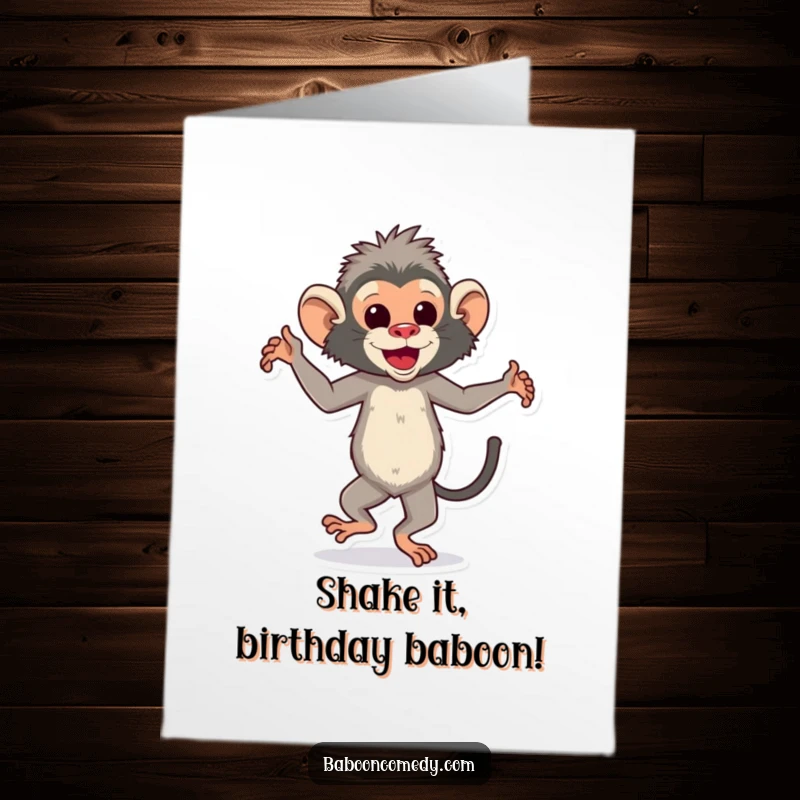Funny Free Printable Birthday Card featuring a baboon dancing energetically with feet tapping, spreading joyous vibes.