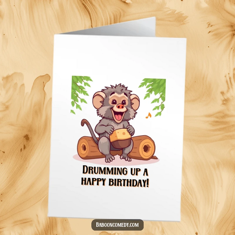 Funny Free Printable Birthday Card: Kawaii baboon drumming happily on logs, paws flying with joyful rhythm, ready for a wild celebration.