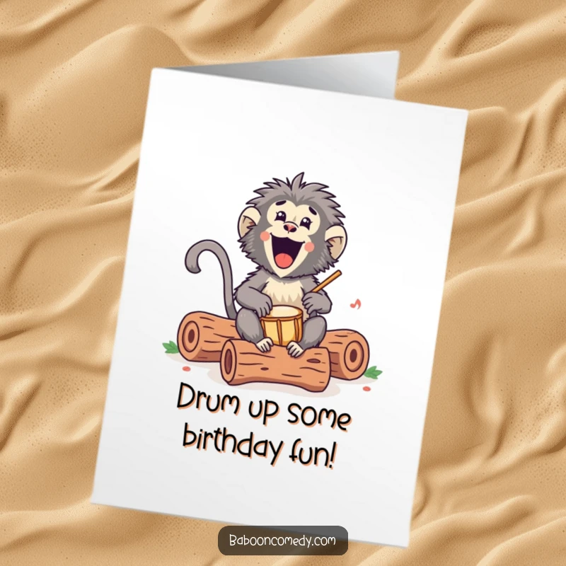 Funny Free Printable Birthday Card: Energetic Kawaii baboon joyfully drumming on hollow logs with a happy, rhythmic beat.