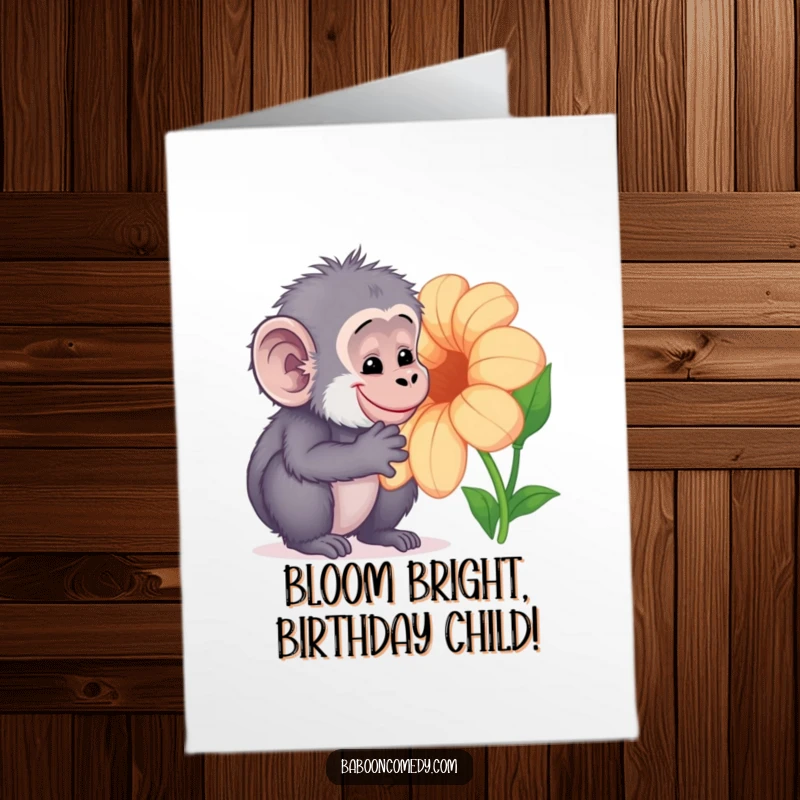 Funny Free Printable Birthday Card: Sweet Kawaii baboon gently sniffing a large, vibrant flower with a peaceful smile.