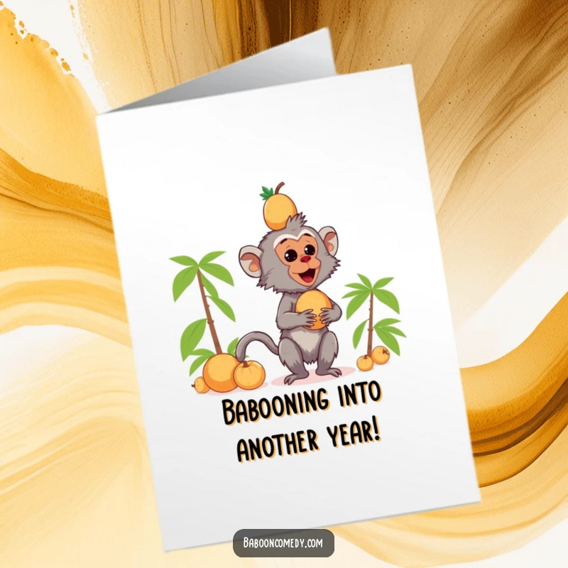 Funny Free Printable Birthday Card: Kawaii baboon hilariously balancing coconuts on its head, nearly dropping them.