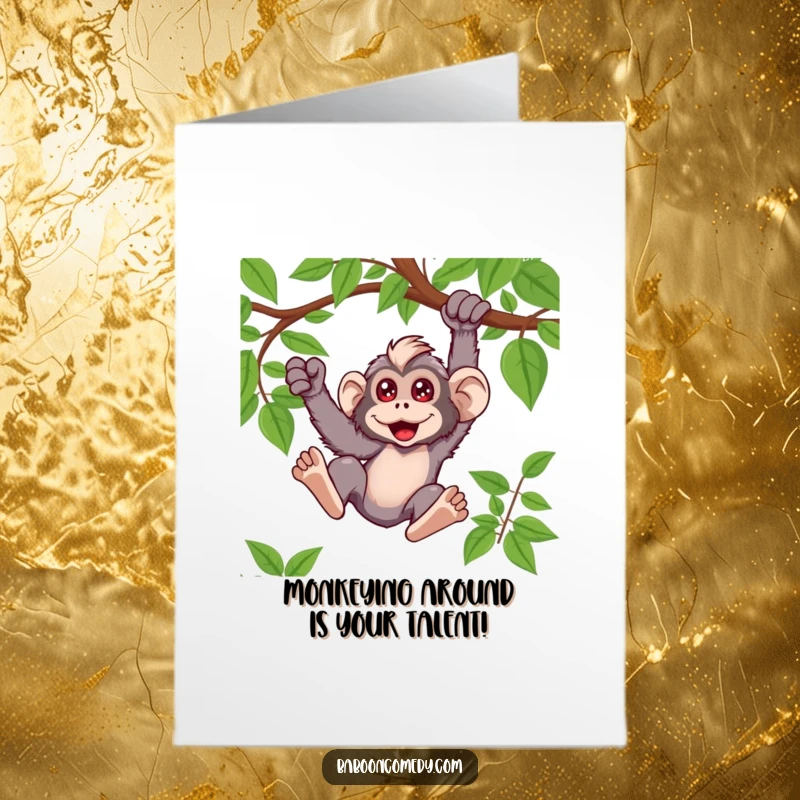 Funny Free Printable Birthday Card: A kawaii baboon with huge eyes joyfully swinging from a thick vine.