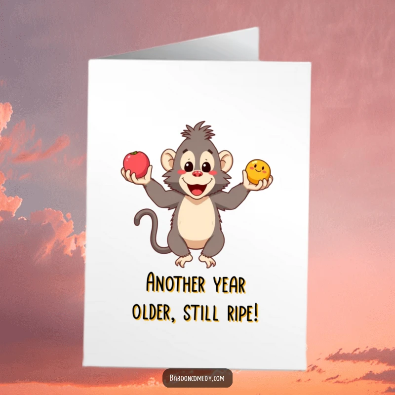 Funny Free Printable Birthday Card of a smiling baboon excitedly juggling three colorful fruits, perfect for a joyous occasion.