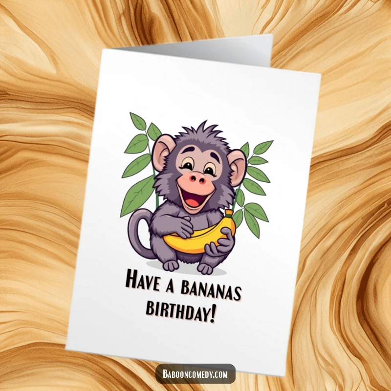 Funny Free Printable Birthday Card: A kawaii baboon happily offers a bunch of ripe bananas with an open, welcoming palm.