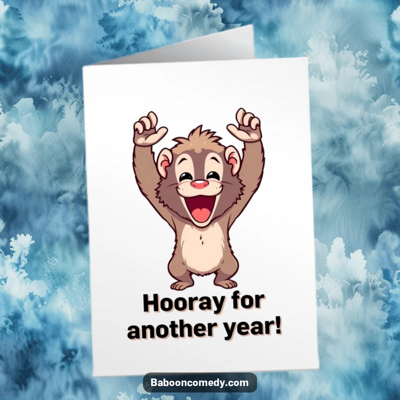 Funny Free Printable Birthday Card of a baboon ecstatically cheering with both arms raised high in celebration.