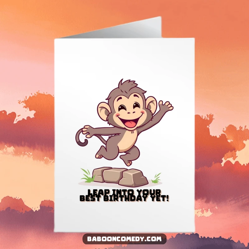 Funny Free Printable Birthday Card: Energetic baboon leaping over an obstacle with a huge, happy grin.