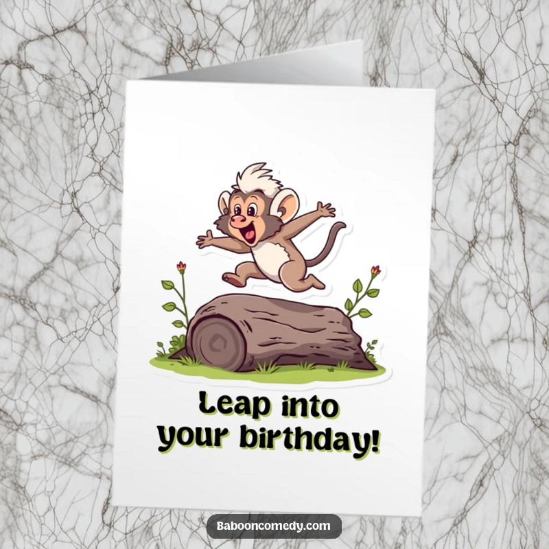 Funny Free Printable Birthday Card: An athletic baboon is leaping energetically over a small log, showcasing pure birthday excitement.
