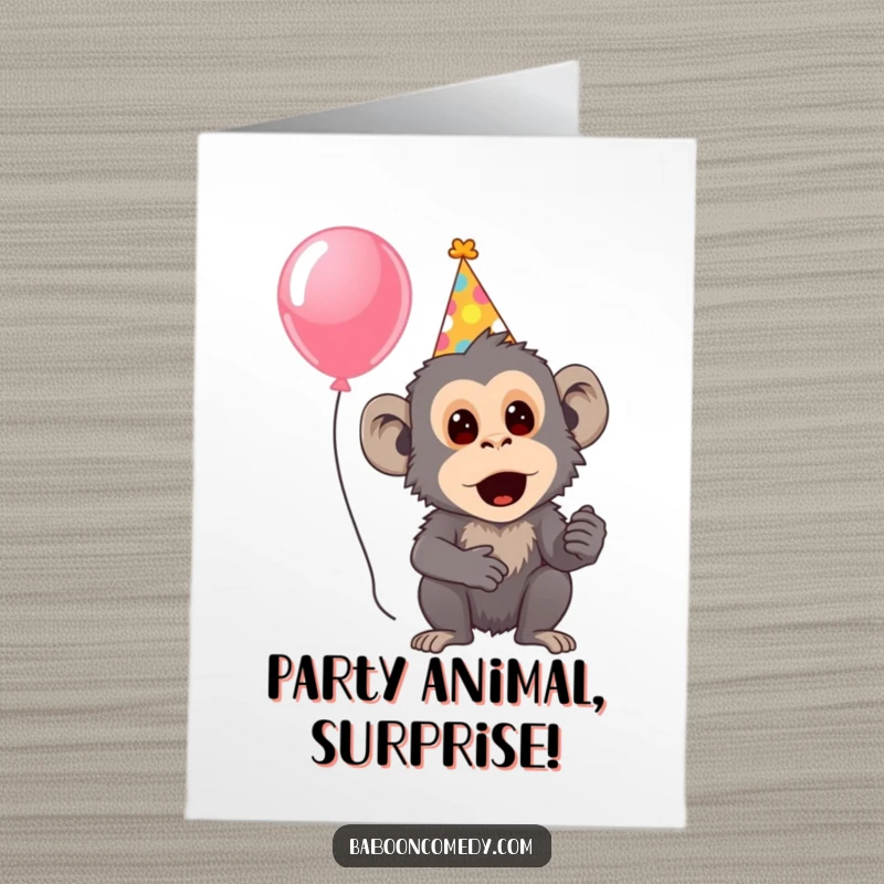 Funny Free Printable Birthday Card: A baboon in a party hat looks surprised while holding a colorful balloon.