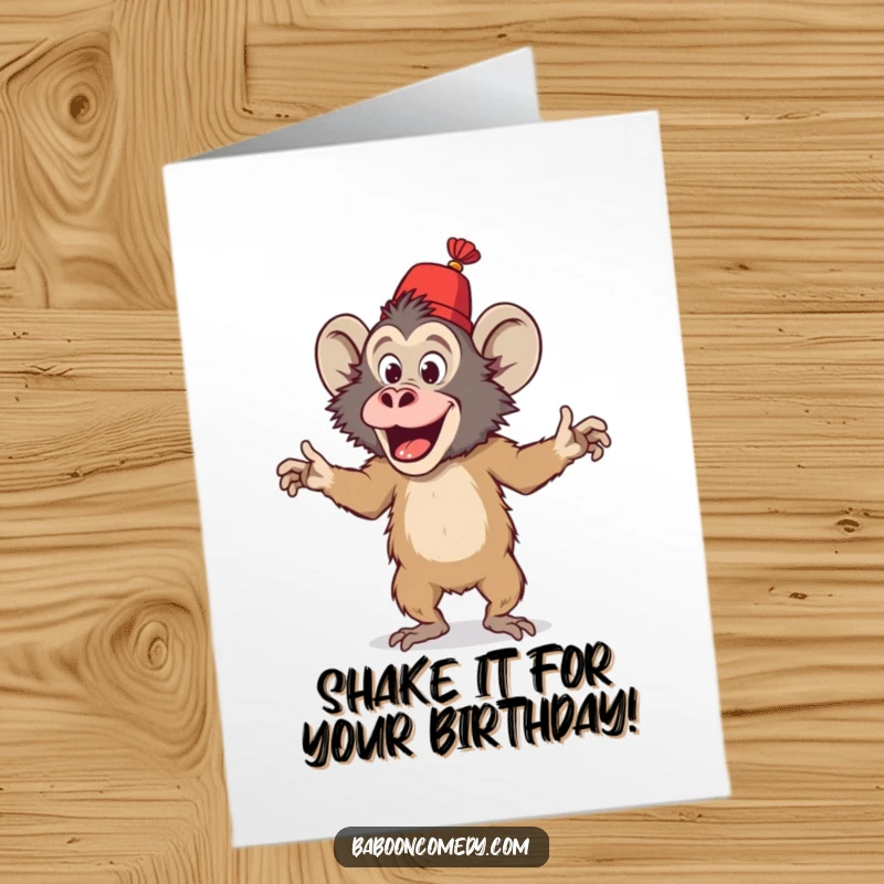 Funny Free Printable Birthday Card: Playful baboon wearing a tiny fez, doing a ridiculously silly dance.