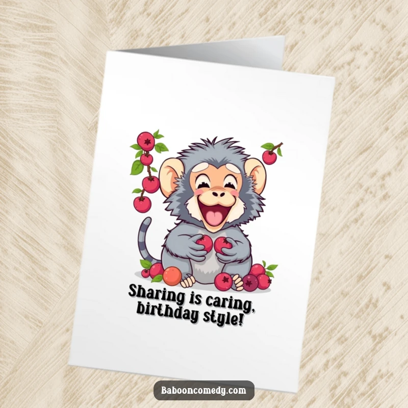 Funny Free Printable Birthday Card: Baboon excitedly offers a pile of berries to a pal, spreading cheer and laughter.