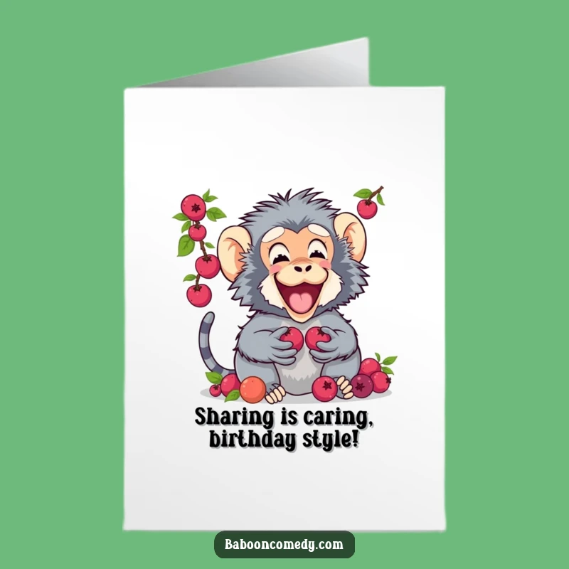 Free Printable Funny Baboon Birthday Card: Joyful Berry Sharing Design, Perfect Downloadable Gift
